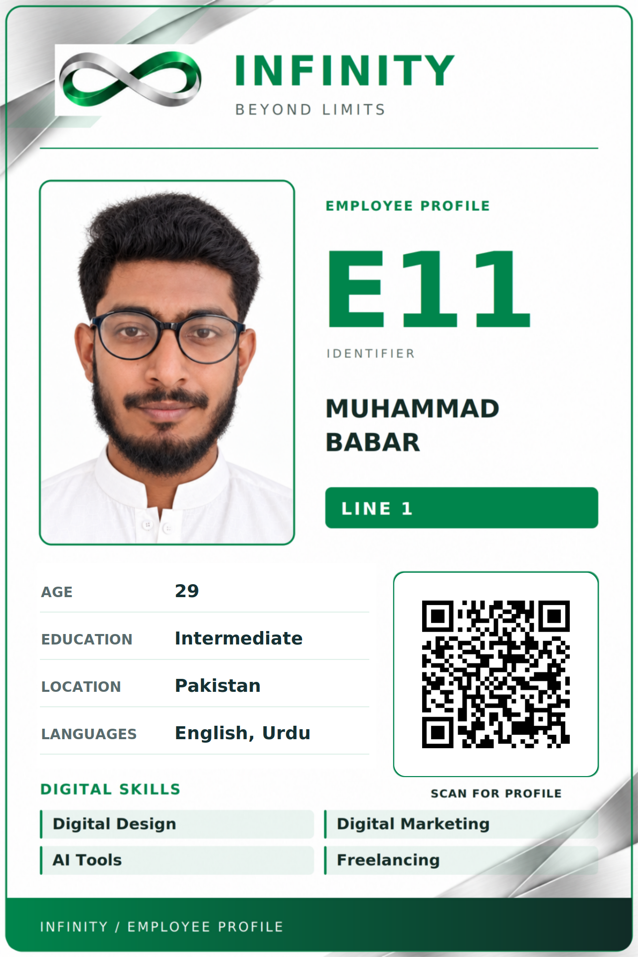 Front of INFINITY E11 employee card for Muhammad Babar